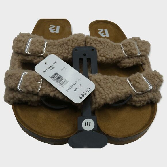R2 Bernette Tan Sherpa Faux Fur Slip On Slide Sandals Size 10M - Picture 5 of 8